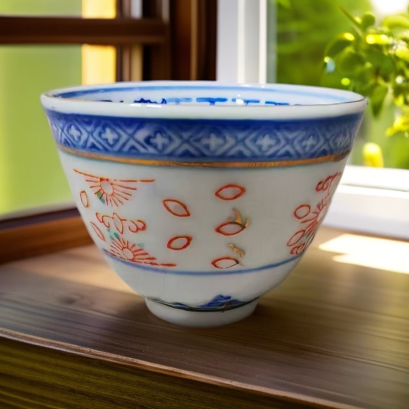 景德镇老厂加彩描金青花玲珑杯