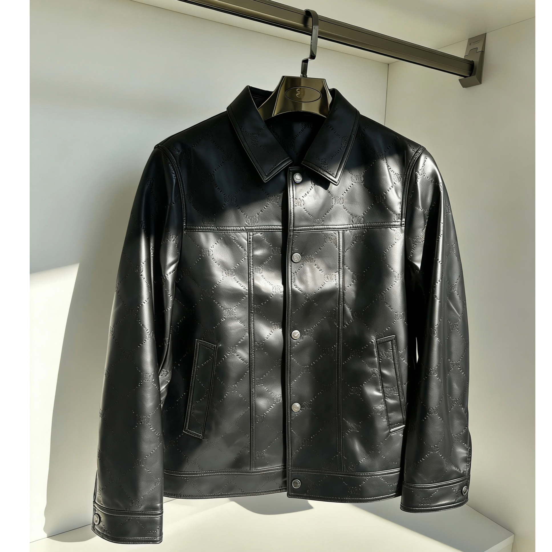 新品蛋白皮衣外套欧货潮牌高端翻领字母提花修身夹克外套