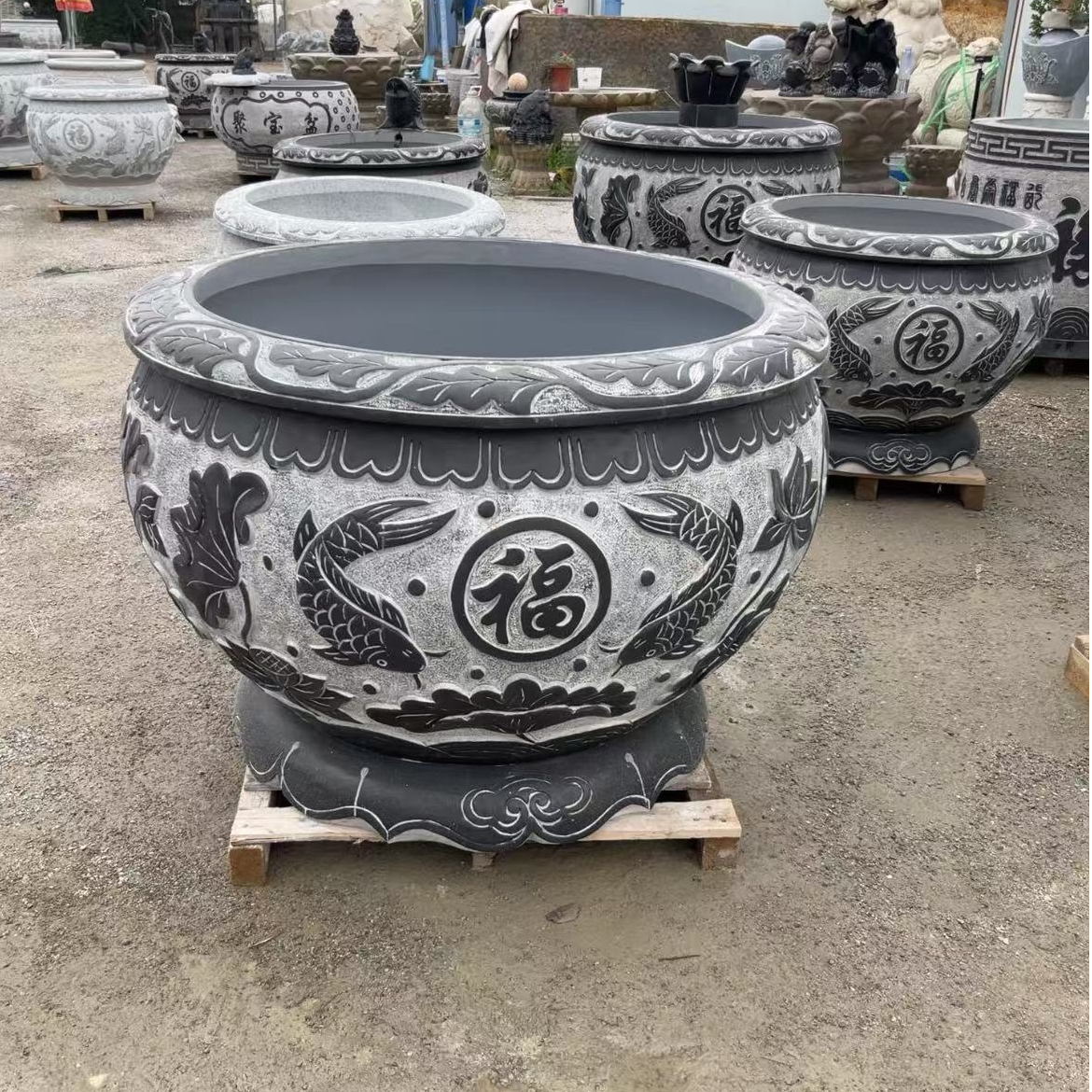 青石石雕鱼缸花盆户外庭院养鱼种花仿古石缸门海摆件