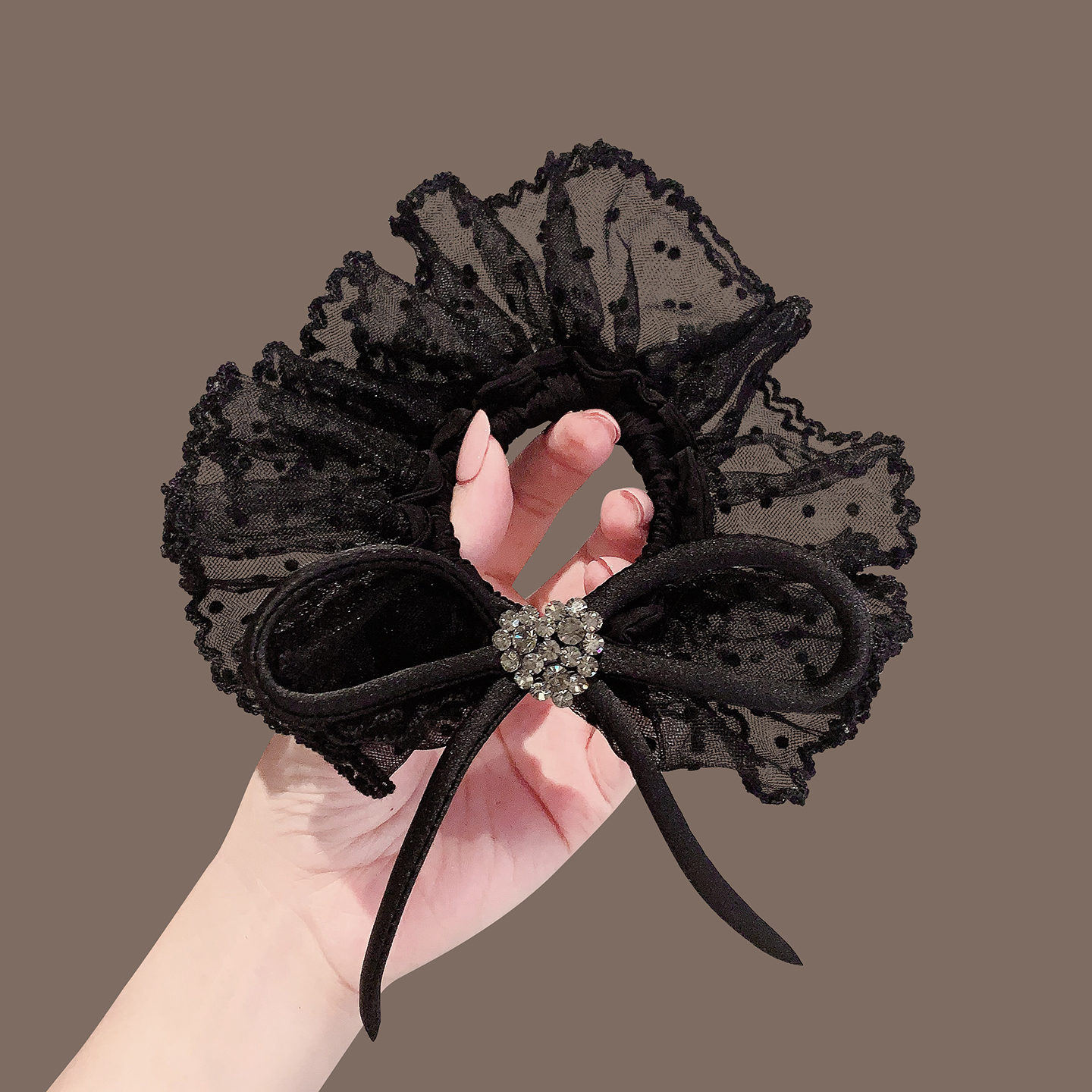 韩国东大门新款波点高级感蕾丝蝴蝶结丸子头发圈皮筋LN-9291