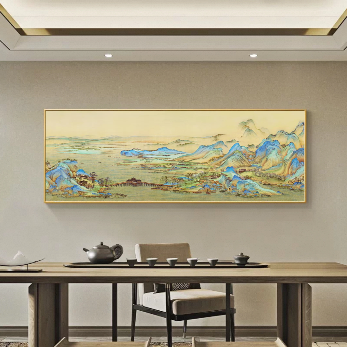 千里江山客厅装饰画新中式茶室挂画大气办公室沙发背景墙山水壁画