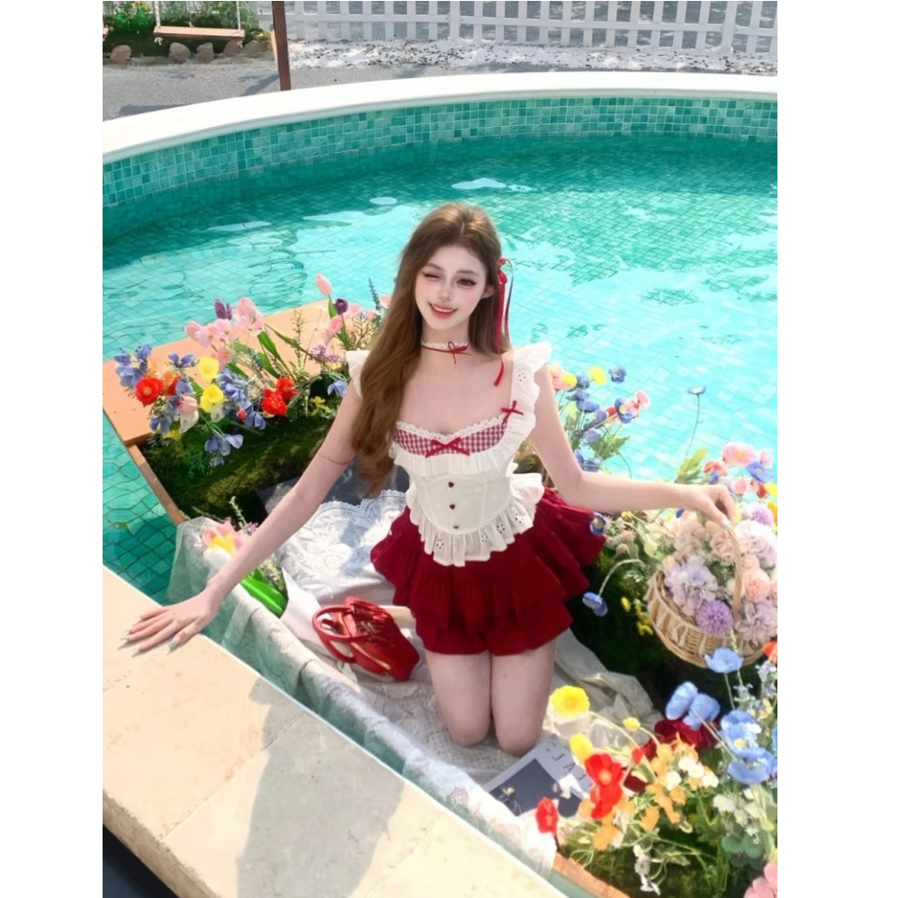 【绯红少女】夏季修身显瘦纯欲风甜美设计感撞色上衣蕾丝半身裙套装