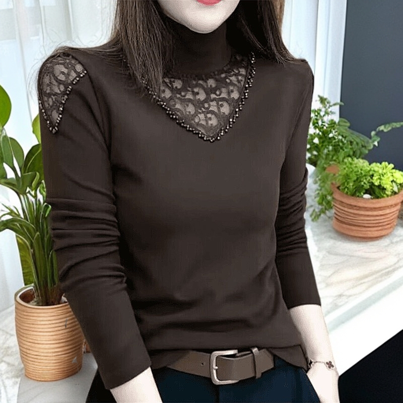 半高领蕾丝镂空手工钻秋冬双面德绒保暖打底衫中年妈妈女装上衣