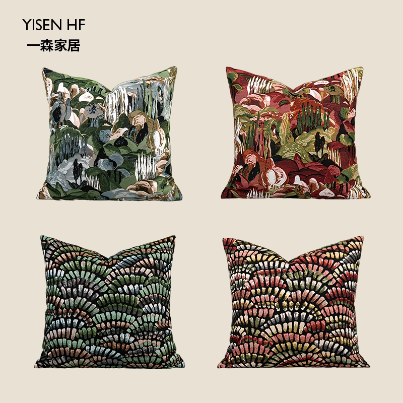 法式中古风绿色抽象图案抱枕印象莫奈靠垫酒店民宿软装靠枕腰枕