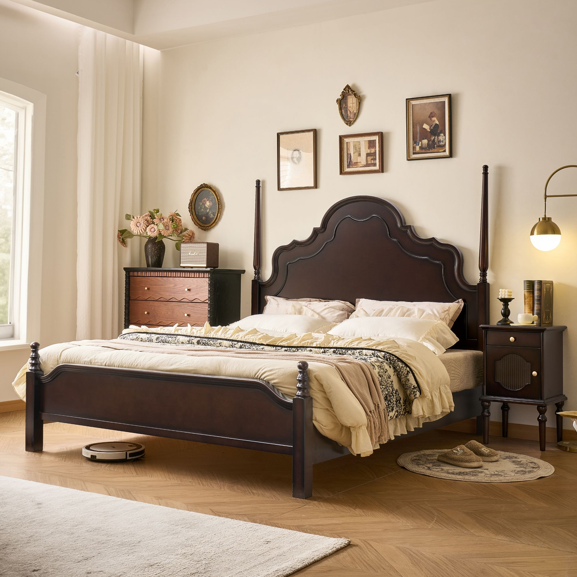 启聚全实木床1.5米美式床双人床主卧色中古风床实木安娜床轻奢