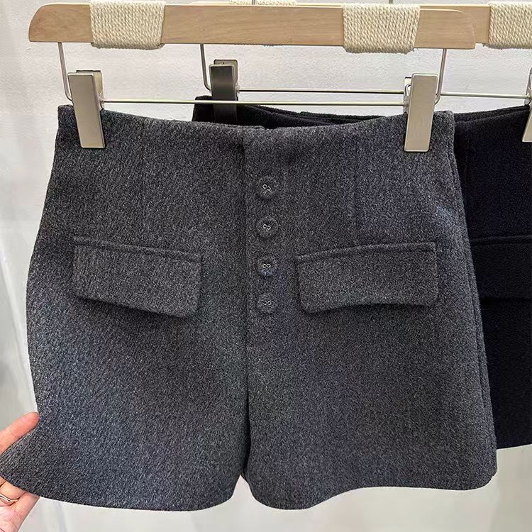 2093#单排纽扣双兜毛呢阔腿毛呢休闲短裤女冬季新款洋气百搭显瘦