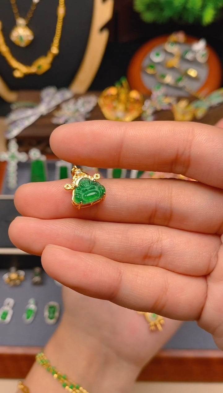 【闪购商品】翡翠吊坠(不含链)银S925镶嵌金色财神佛公