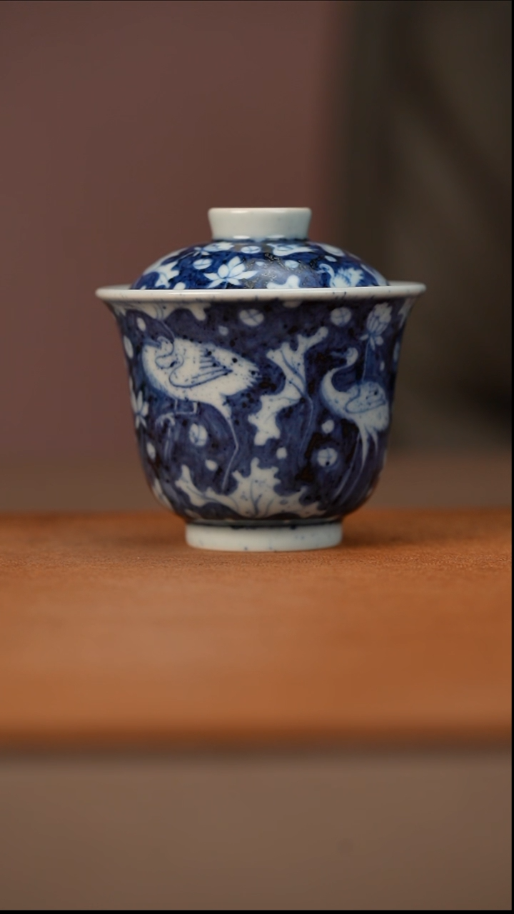 陶瓷幽蓝溪堂撒蓝一路连科盖碗