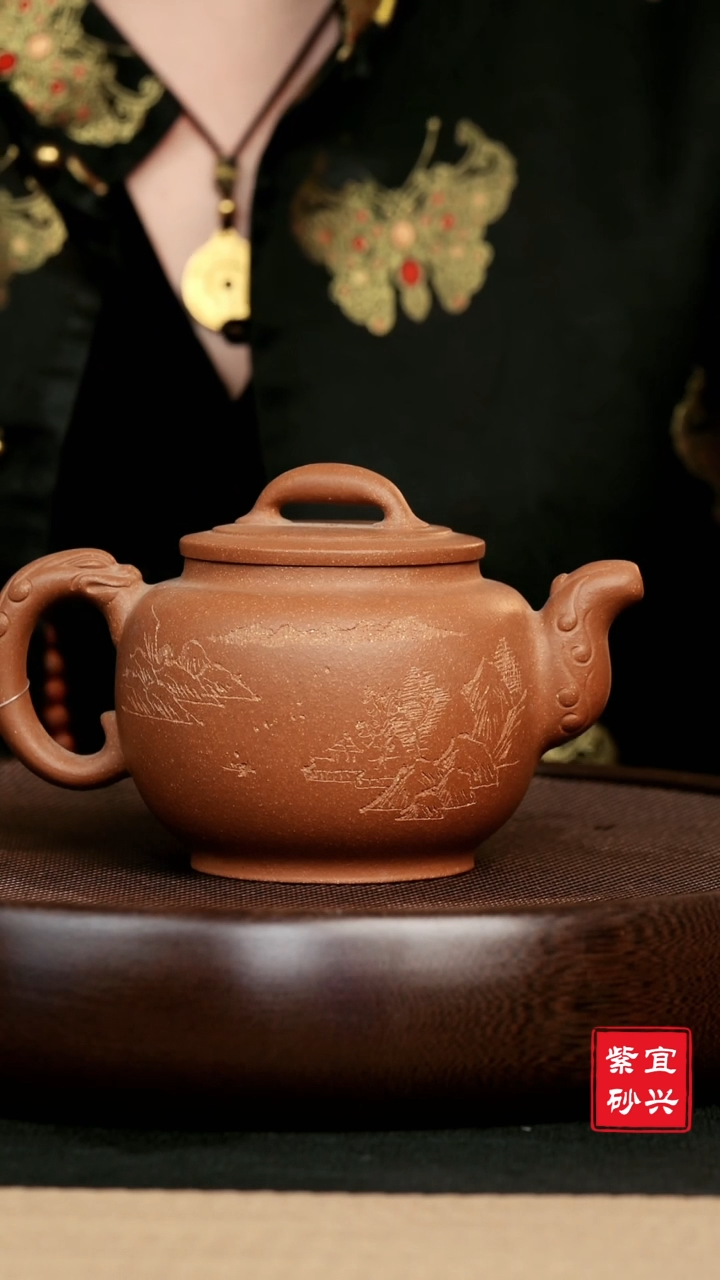 【闪购商品】紫砂茶壶68降坡泥刻绘高枕无忧壶