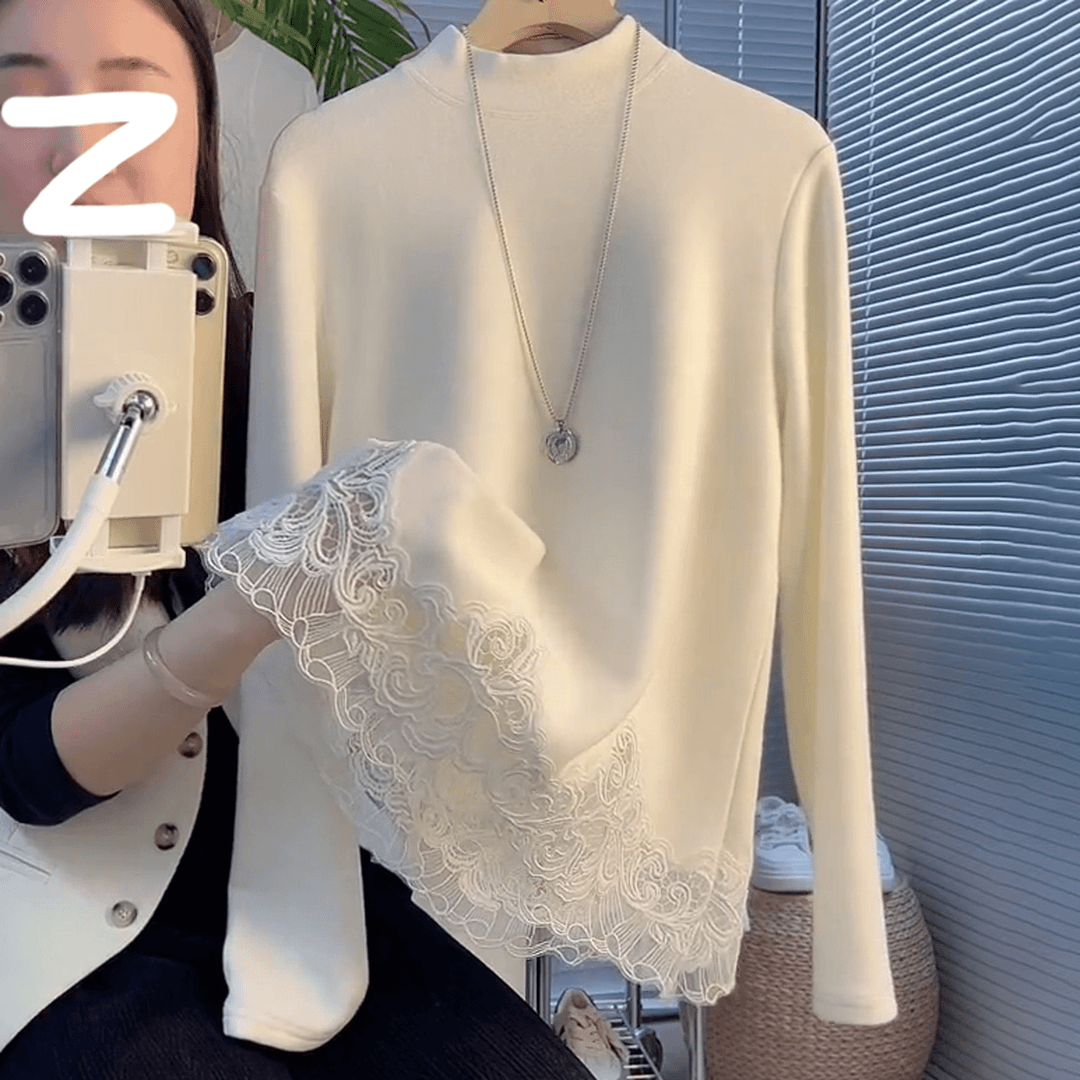 【双面绒】蕾丝花边拼接德绒上衣女秋冬新款时尚宽松显瘦立领打底衫