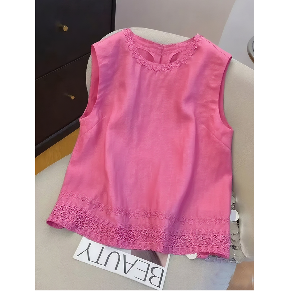 树莓粉花边刺绣无袖背心女2025夏显瘦圆领气质轻奢高级感女装上衣