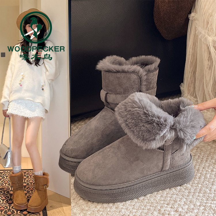 啄木鸟雪地靴女2025新款高级感厚底皮带扣棉靴加绒保暖东北大棉鞋
