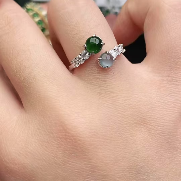 鑫辰珠宝天然A货翡翠银镶嵌设计款开口女戒指时尚百搭