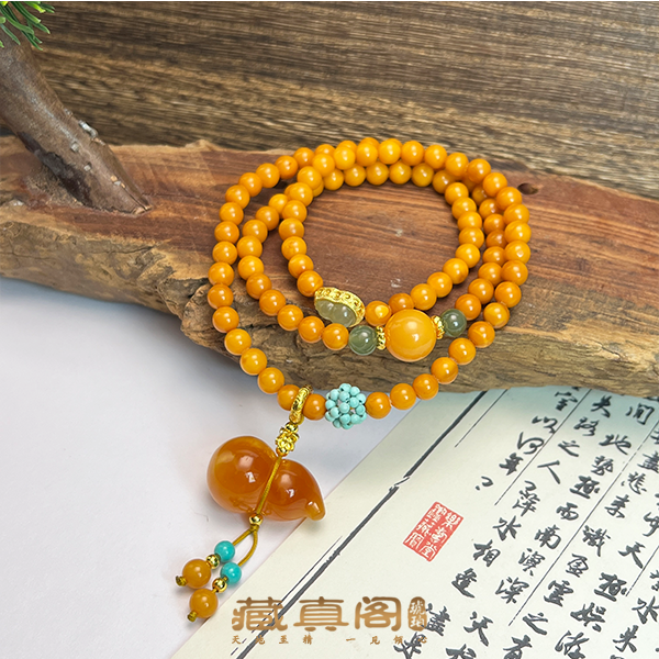 【藏真阁】H1866天然琥珀蜜蜡DIY三圈葫芦手串