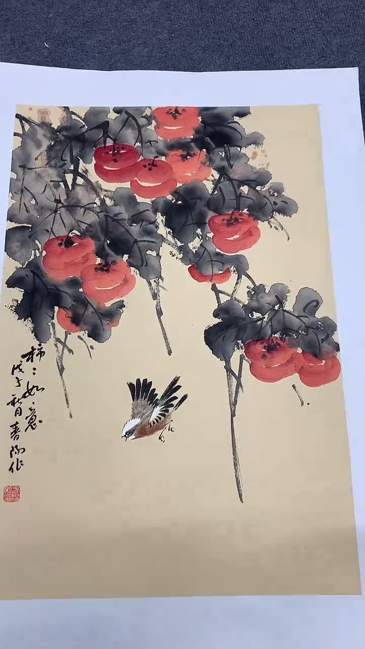竖款精品开三花鸟，事事如意