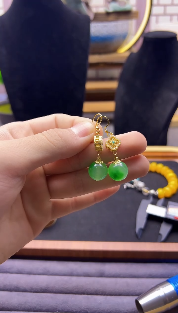 翡翠14K金镶嵌耳饰E456