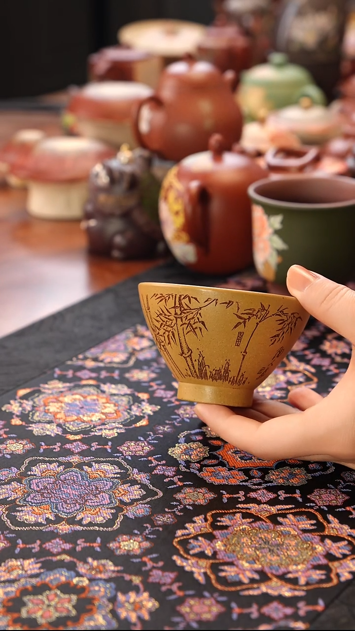 茶壶紫砂段泥刻竹斗笠杯