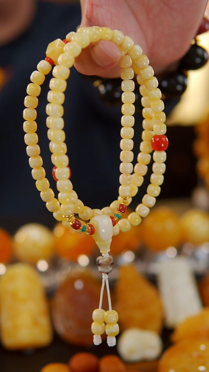 【闪购商品】蜜蜡裸石18K金镶嵌俄料白花老型108佛珠46.69