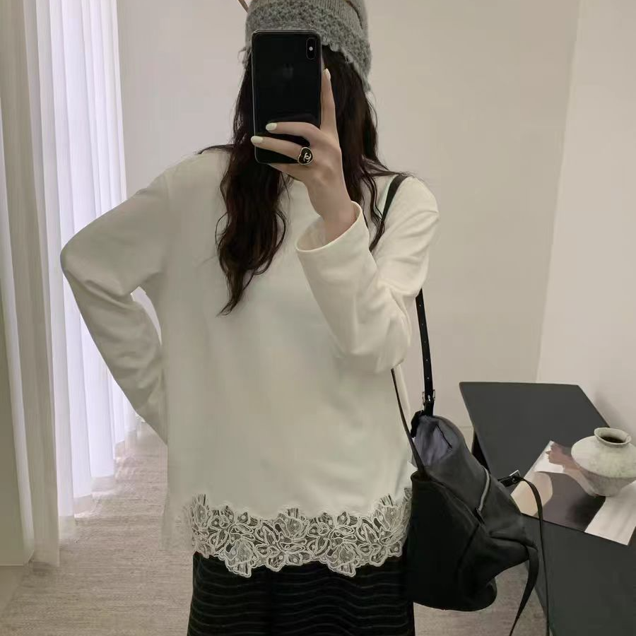 （柚子同款）秋冬款蕾丝下摆织绒长袖T恤1653