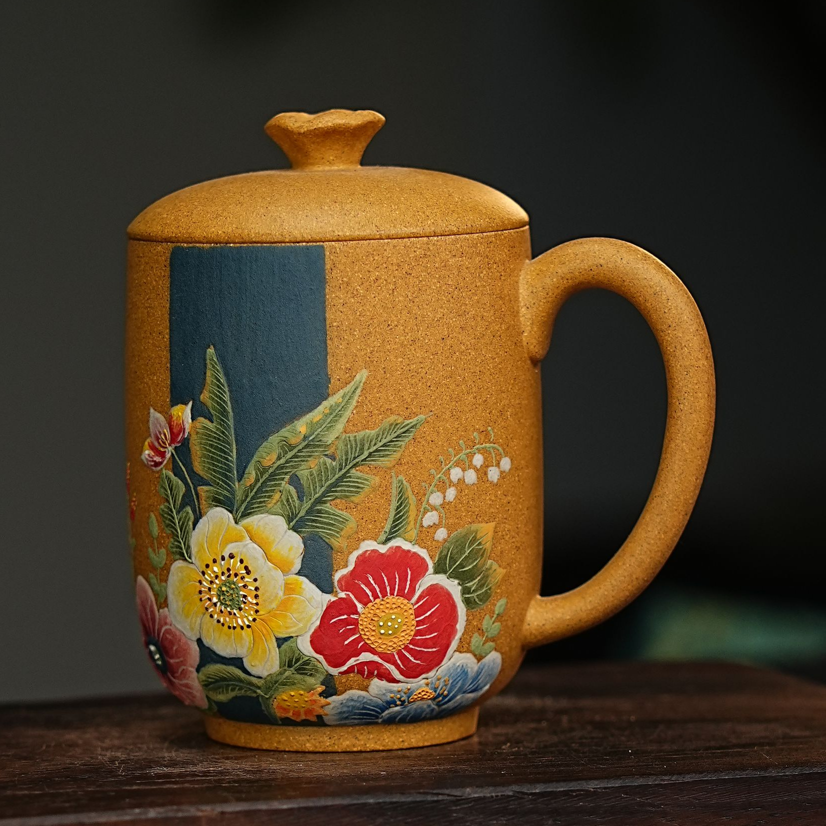 【2665花开富贵盖杯】宜兴原矿紫砂手工堆绘牡丹盖杯