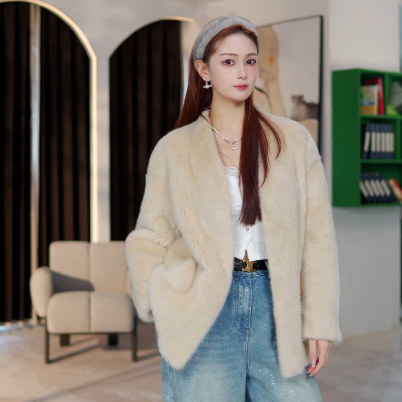 【DD】WX243V领港风70CM轻奢时尚短款整貂天鹅绒品质皮草水貂外套女