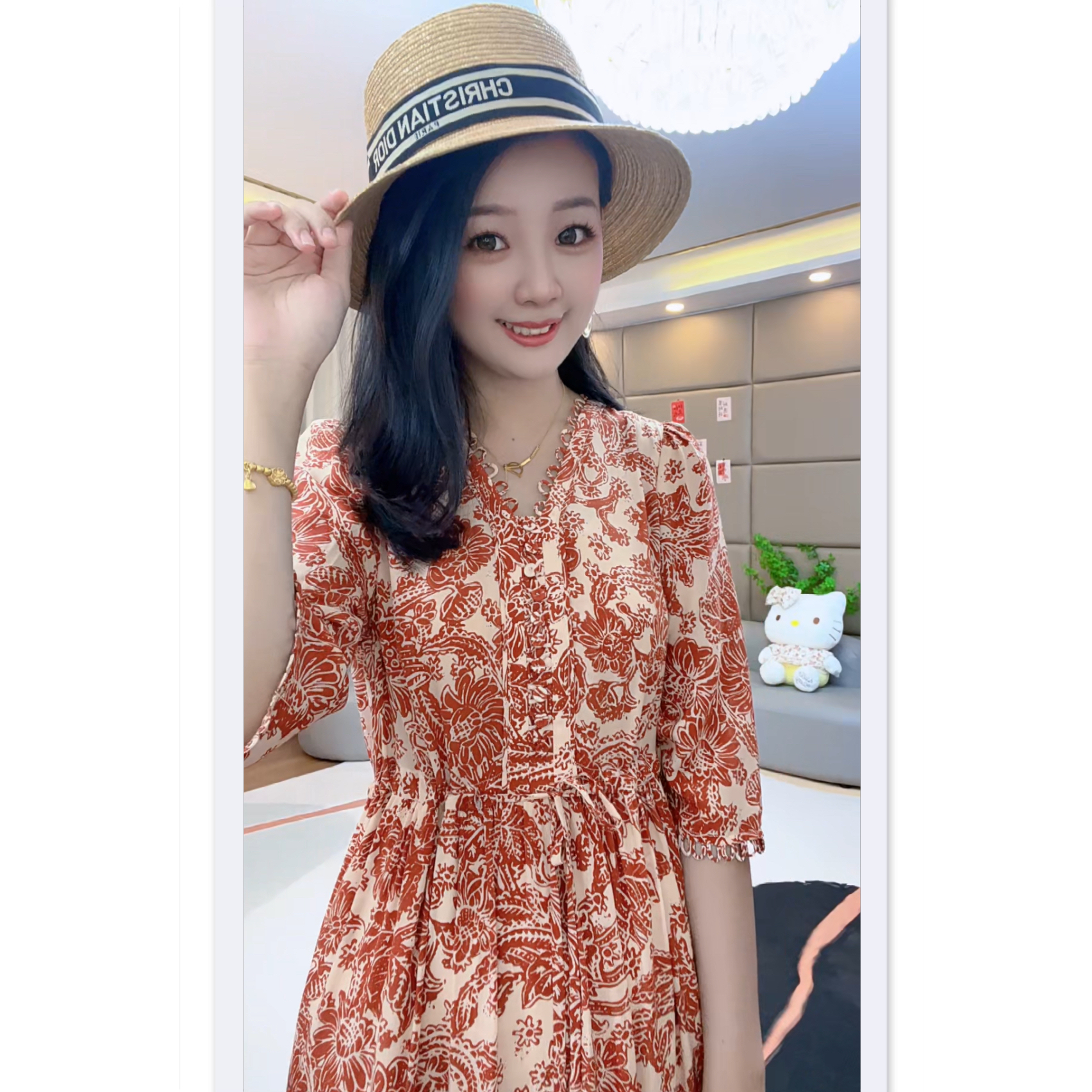 《小暖心选》“心想事橙”洋气收腰气质显瘦印花女装真丝连衣裙 80137