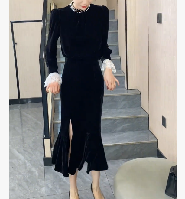 秋季新款连衣裙重工钉珠拼接时尚气质开叉黑色FJ1201003