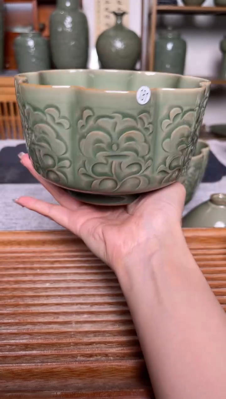 【闪购商品】其他181纯手工秘色乱刀牡丹花口大建水