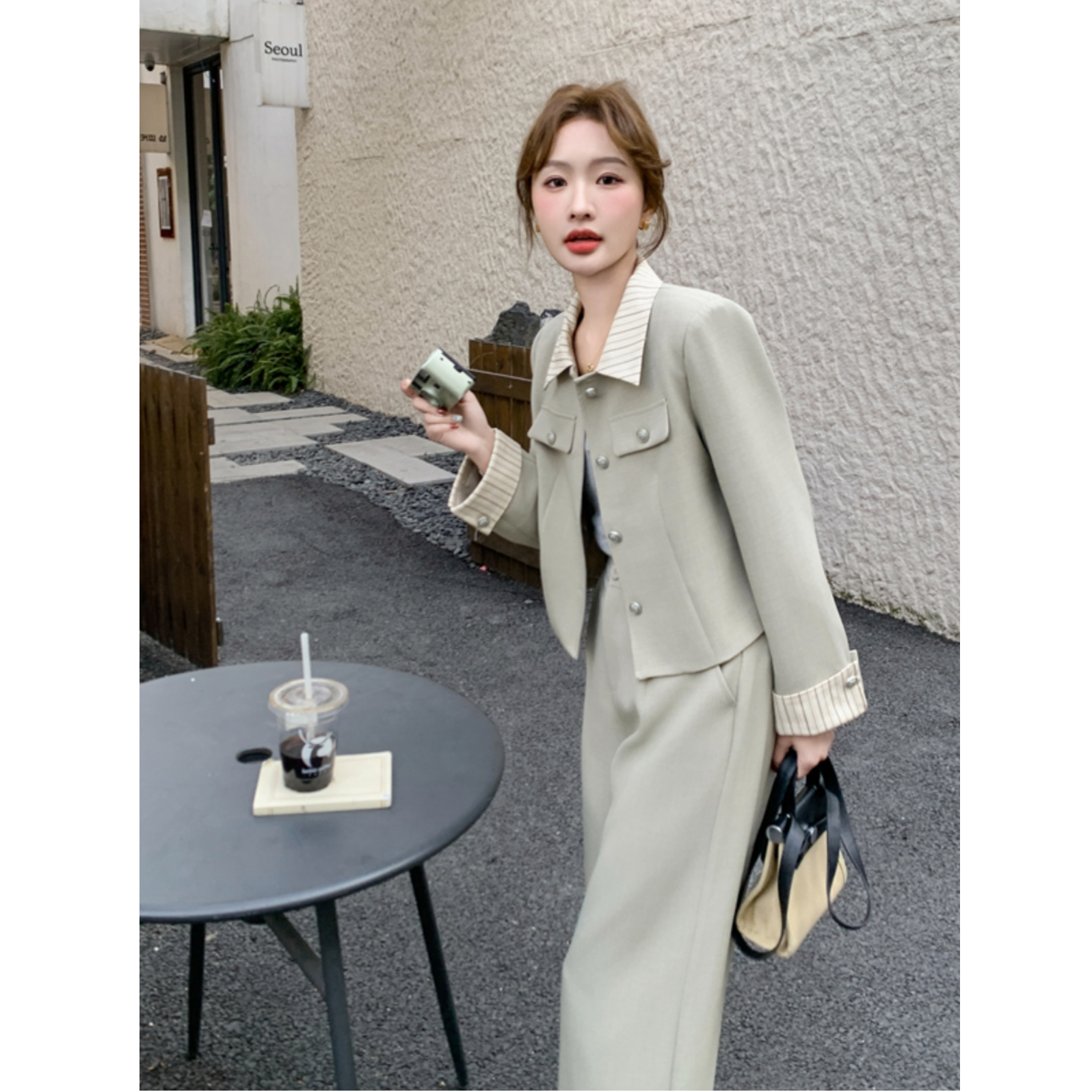 〈纪朵研〉1242时尚气质套装女拼接外套秋季新款直筒阔腿裤两件套