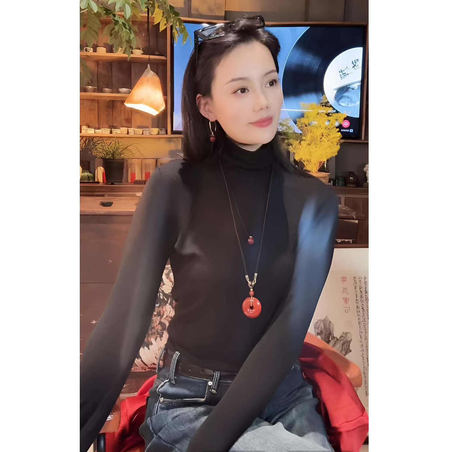 【彩彩美学】山羊绒高领打底衫女天丝莫代尔修身亲肤T恤弹力针织衫