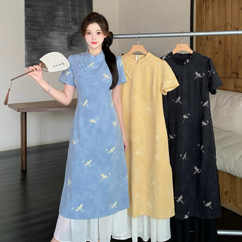 【运补8-10】胖mm大码女国风新中式拼接雪纺旗袍显瘦连衣裙22233