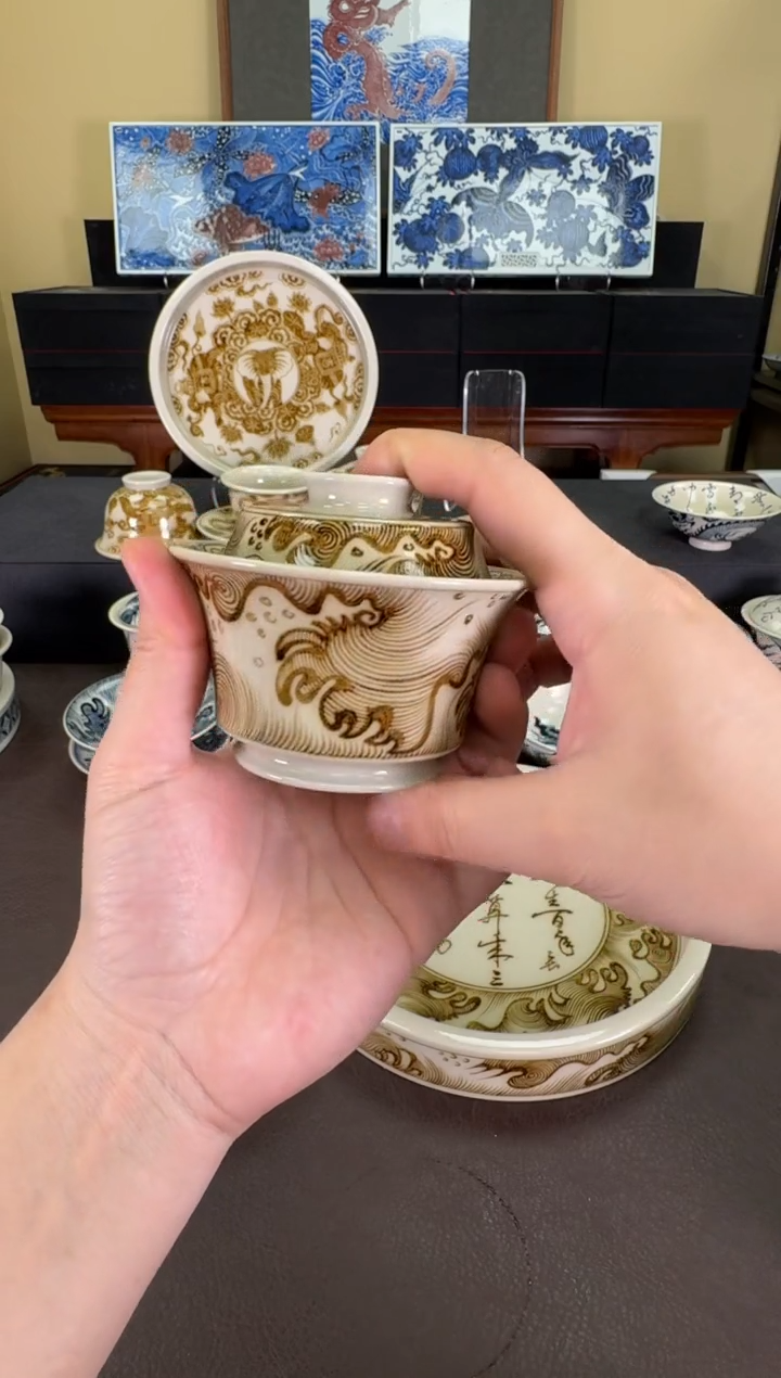 【闪购商品】瓷片釉里金人生百年盖碗