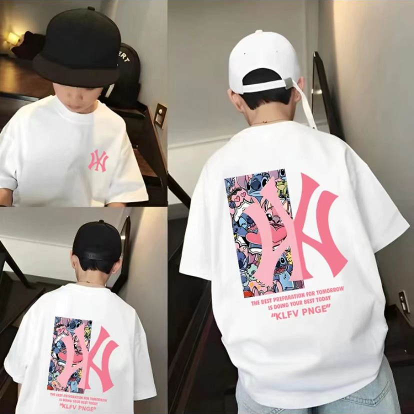 太酷啦~男童时髦夏季粉标公仔字母宽松百搭印花短袖T恤9131