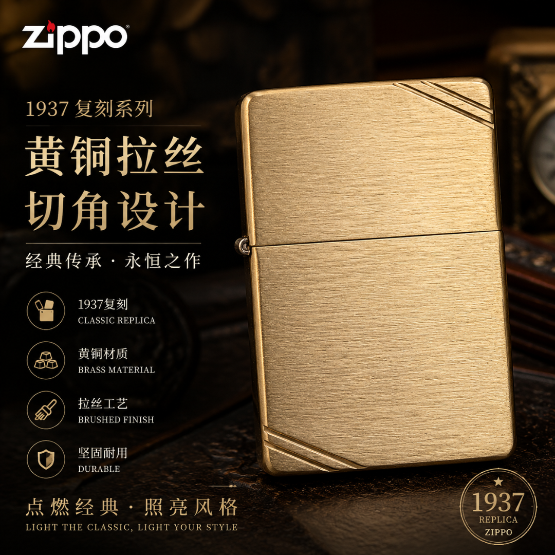 Zippo打火机美国原装正版1937黄铜拉丝切角 240光板防风送礼MBJ1