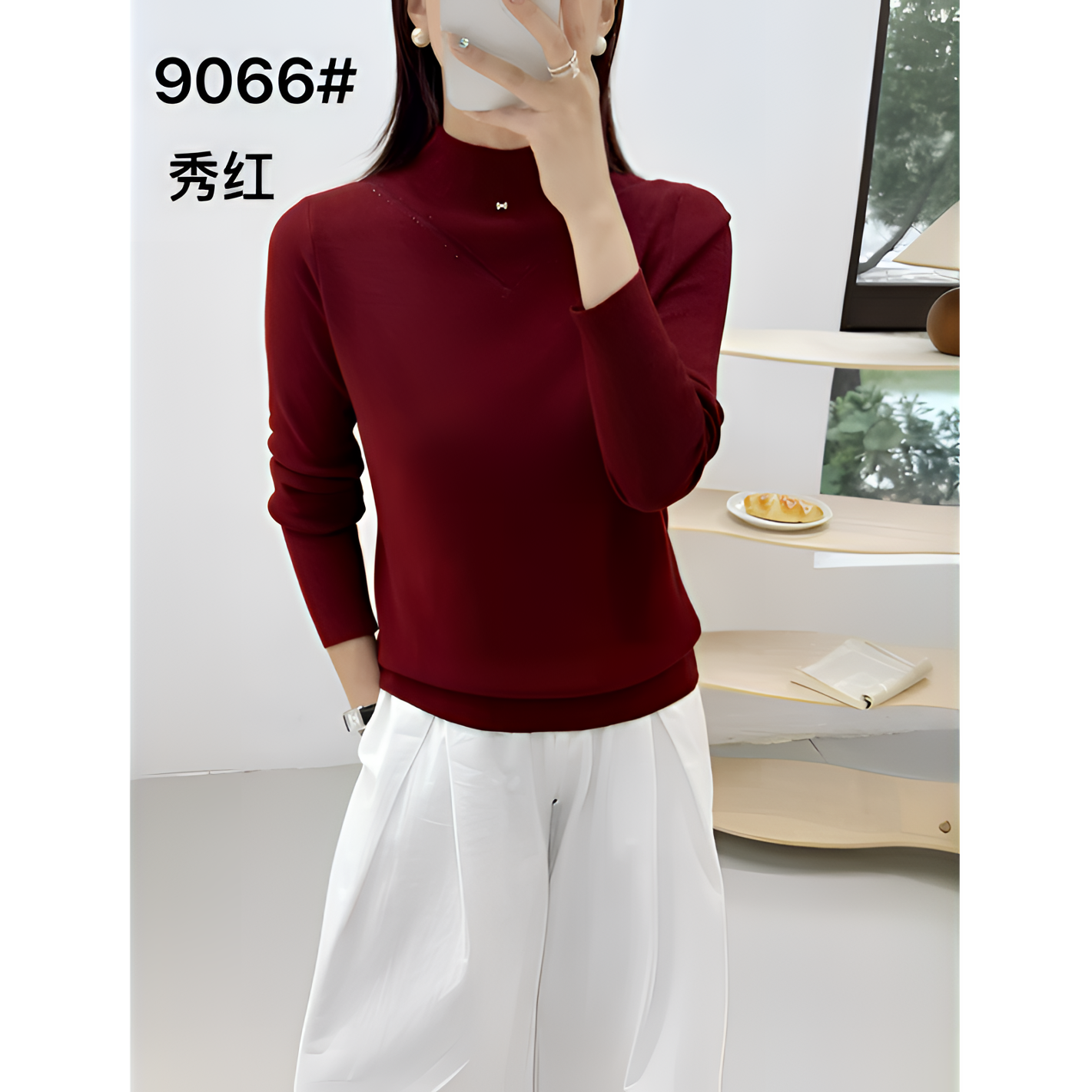 9066半高领V字毛衣显瘦长袖百搭修身纯色圆领针织毛衫