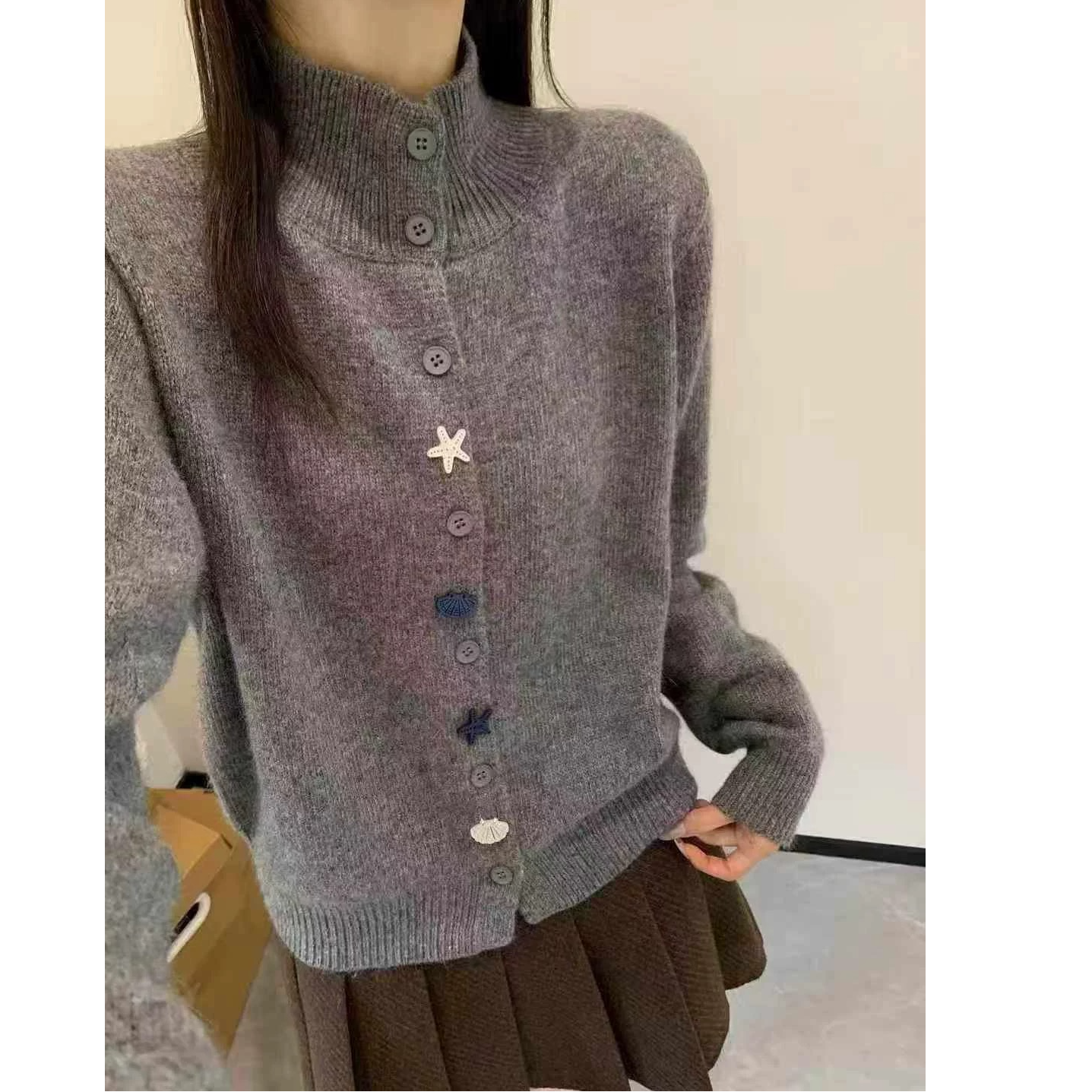 【运费补贴】星星扣灰色气质针织开衫女外套气质单排扣宽松上衣