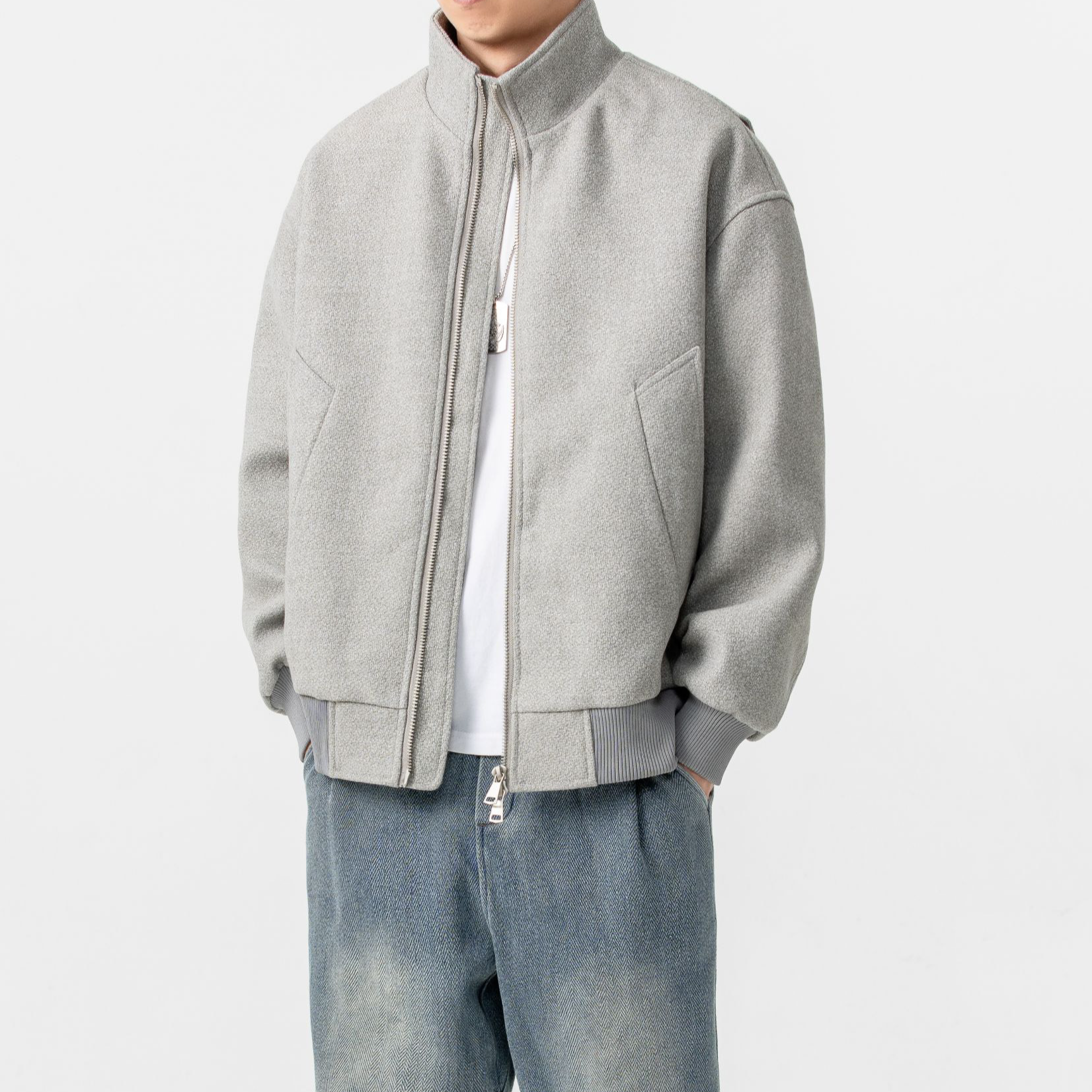 BOGEDIT秋冬新款轻奢简约百搭呢料加棉外套宽松百搭休闲纯色夹克