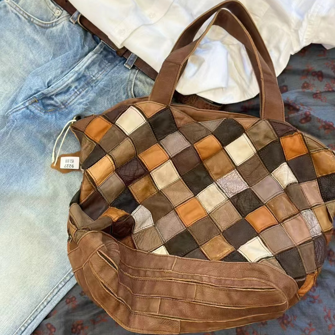 原创疯子张复古做旧牛皮条编制手提包9227