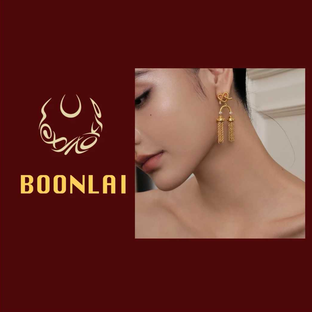 铜合金锆石耳饰 Boonlai 碱水节长流苏耳环1858