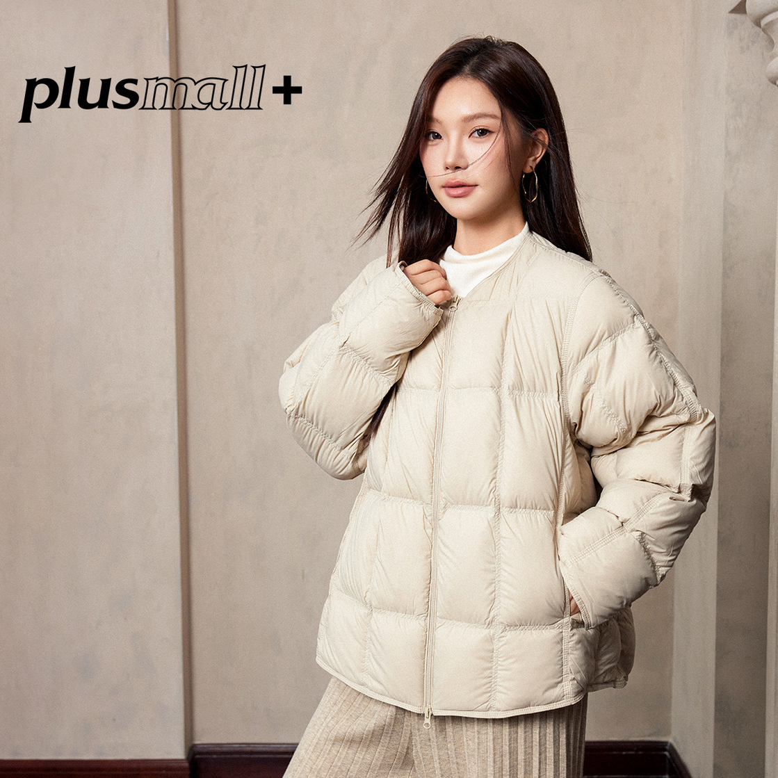 PLUSMALL 鹅绒小暖被 鹅绒方格圆领面包服羽绒服外套PM2510180