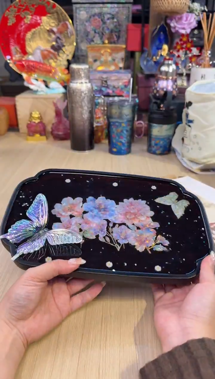 112实木壶承-立体蝴蝶