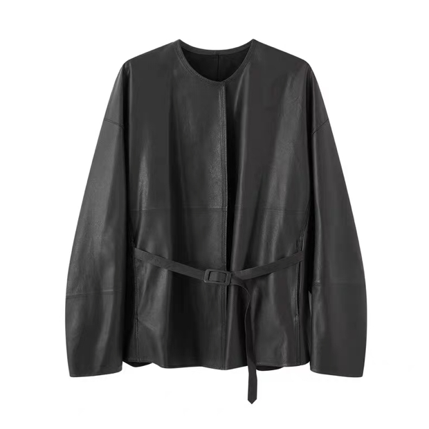 -2025秋新款法式时尚休闲圆领显瘦皮衣外套女3034