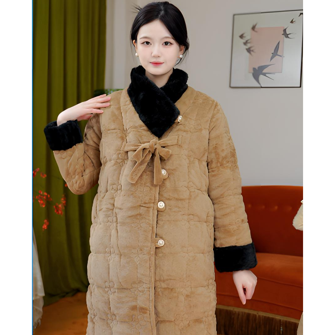 棕色 长款三层夹棉睡衣