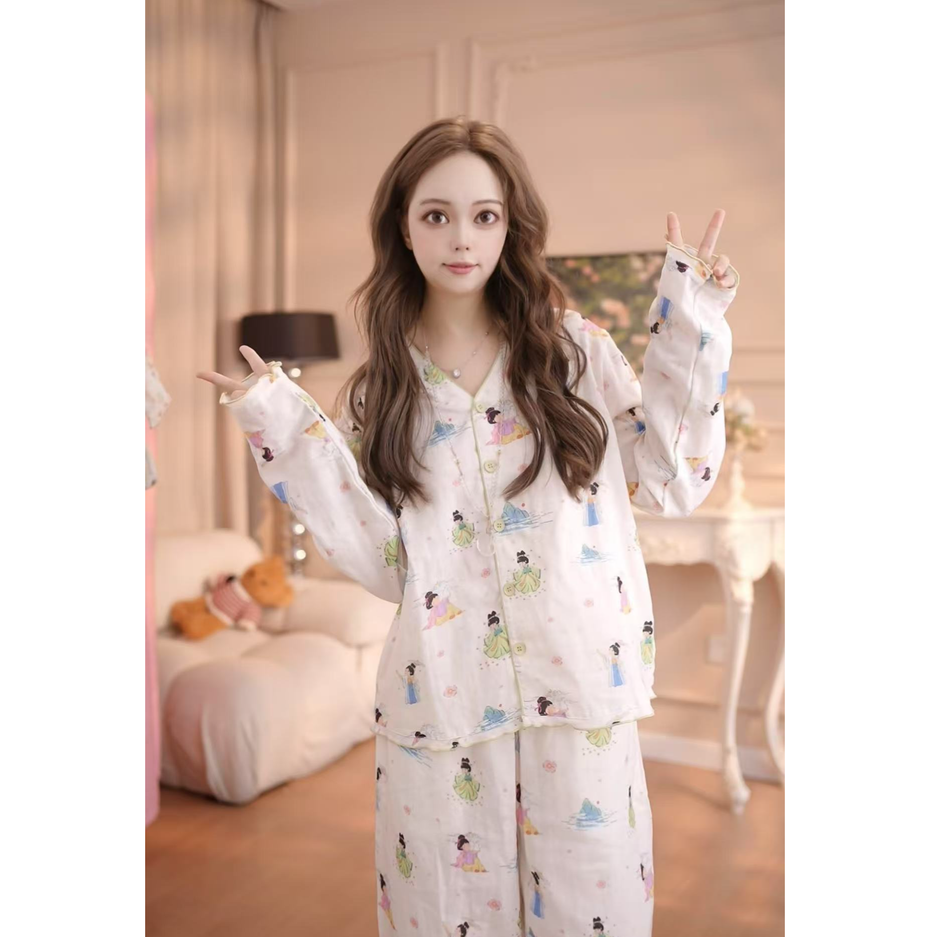 【长袖仕女图】二件套 甜美棉夏天薄款舒适纯棉纯棉休闲QQ