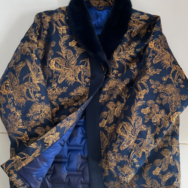 2430新款水貂领100%桑蚕丝男士冬季白鹅绒服宋锦外套