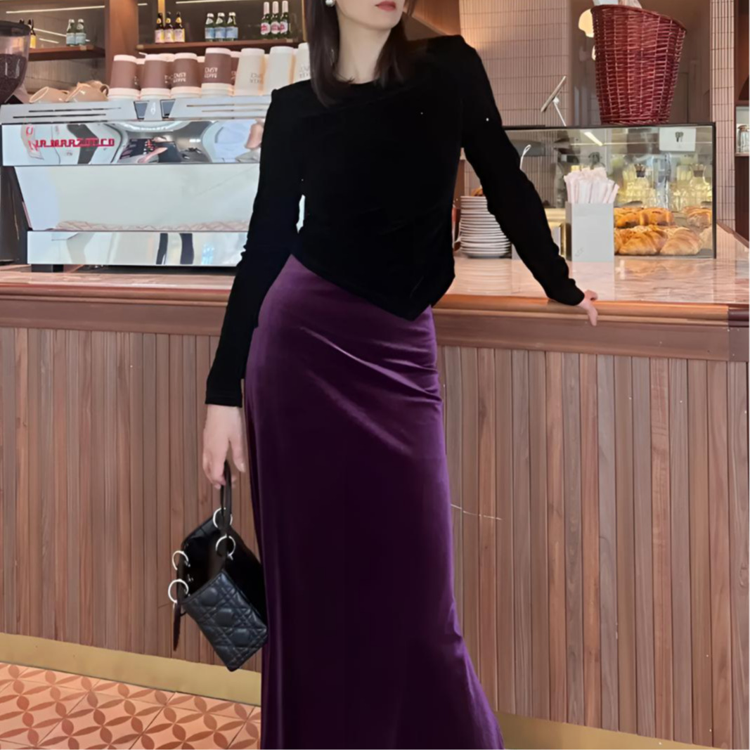 秋冬季开叉金丝绒黑色半身裙女高腰显瘦时髦设计感复古包臀鱼尾裙
