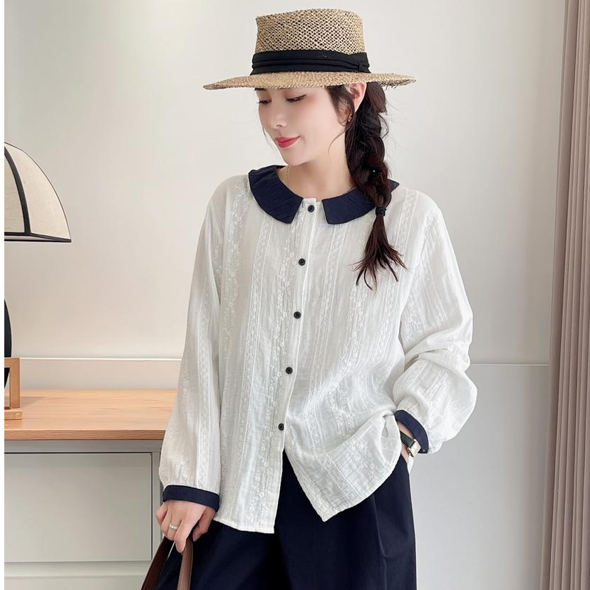 文艺撞色娃娃领提花刺绣衬衫女法式甜美减龄纯棉长袖打底上衣秋季