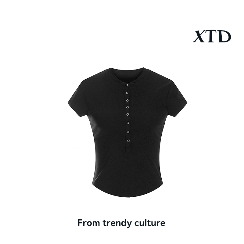 XTD 美式复古亨利领修身T恤女高级感辣妹百搭显瘦短款短袖上衣女