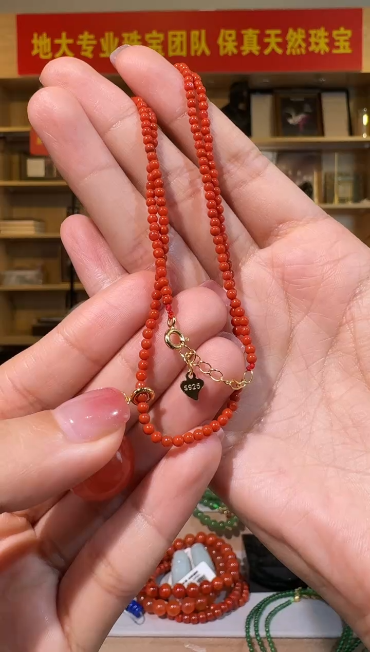 项链银S925镶嵌南红玛瑙2mm满色满肉南红小米珠项链多样性发一