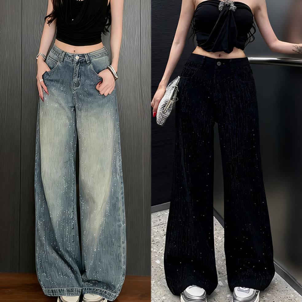 新款重工烫钻加绒/单料牛仔满天星阔腿裤b2027/2069 T